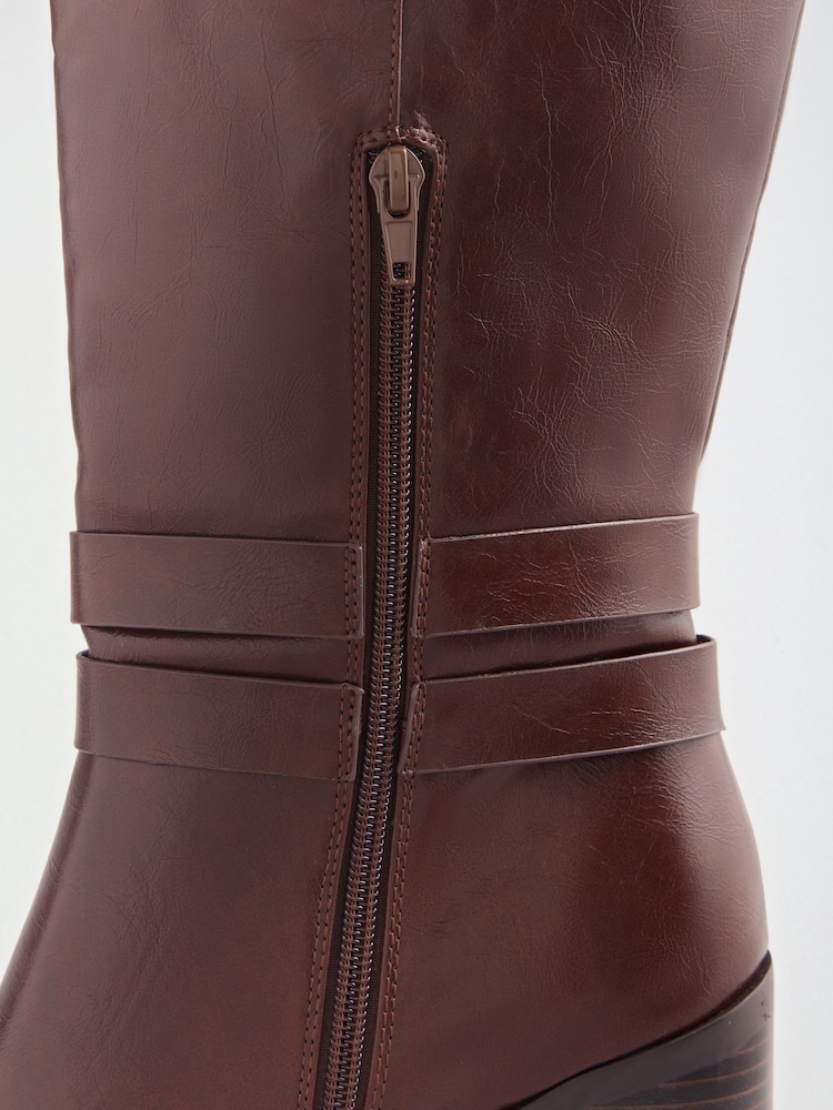 Friends Like These Burgundy Red Faux Leather Wide Fit Gold Buckle Detail Mid Block Heel Knee High Boots - Image 7 of 7 Friends Like These Burgundy Red Faux Leather Wide Fit Gold Buckle Detail Mid Block Heel Knee High Boots - Image 7 of 7