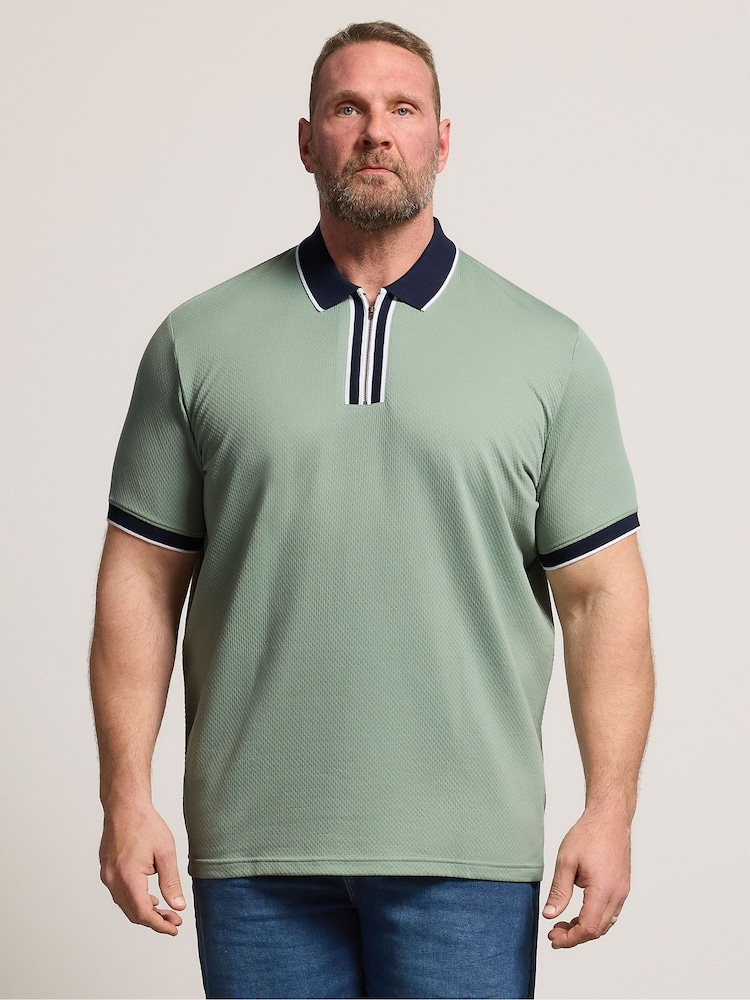 BadRhino Big & Tall Green Textured Jacquard Zip Polo Shirt - Image 1 of 6