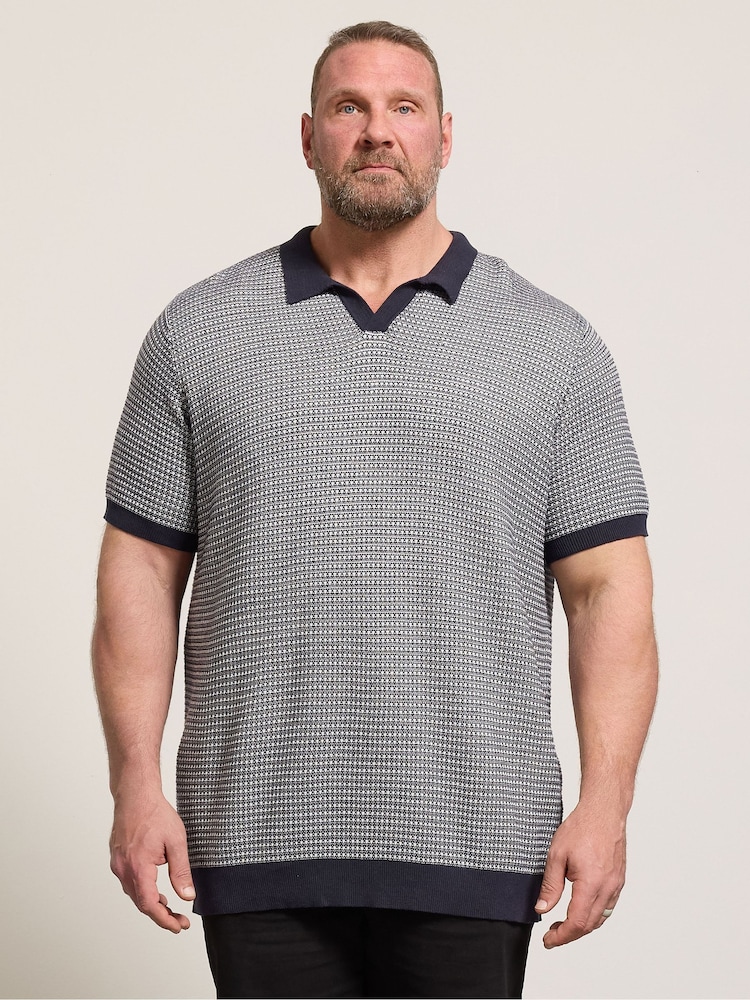 BadRhino Big & Tall Blue Patterned Knitted Trophy Polo Shirt - Image 1 of 4