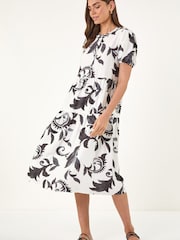 Roman Black/White Leaf Print Button Shirt Midi Dress - Image 1 of 5