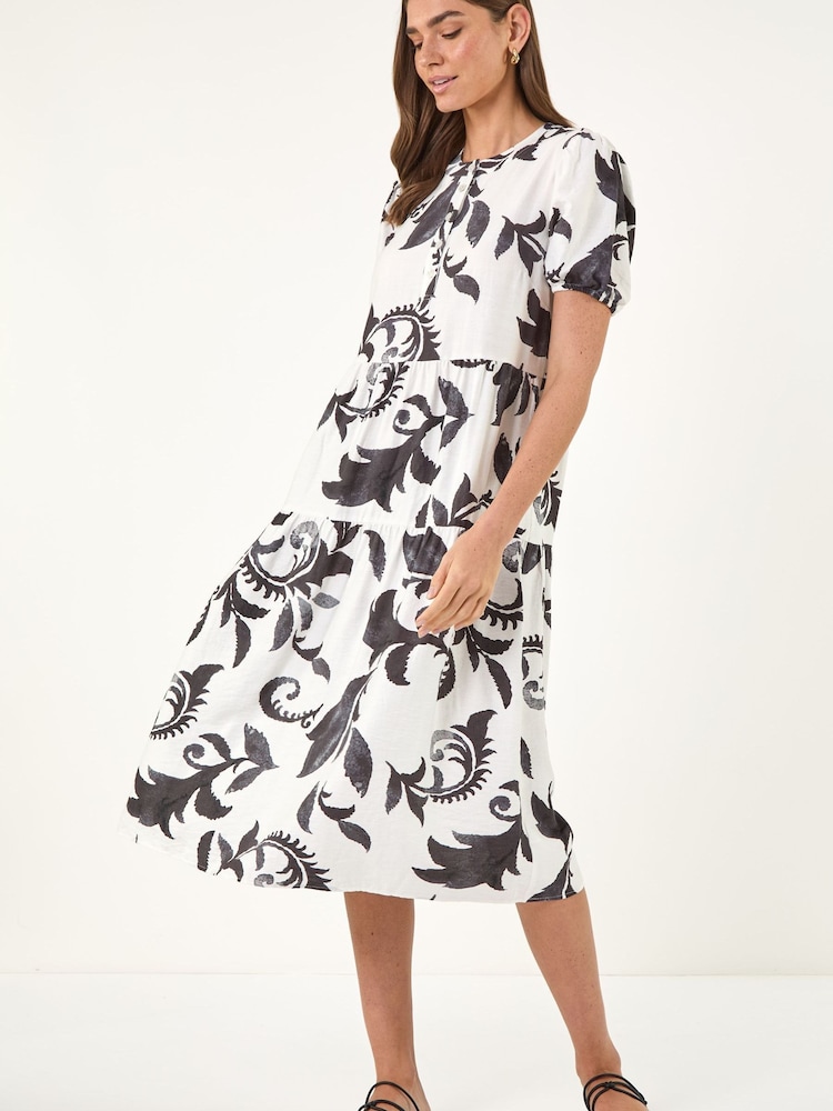 Roman Black/White Leaf Print Button Shirt Midi Dress - Image 1 of 5