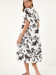 Roman Black/White Leaf Print Button Shirt Midi Dress - Image 4 of 5