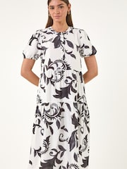 Roman Black/White Leaf Print Button Shirt Midi Dress - Image 5 of 5