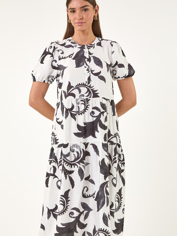 Roman Black/White Leaf Print Button Shirt Midi Dress - Image 5 of 5