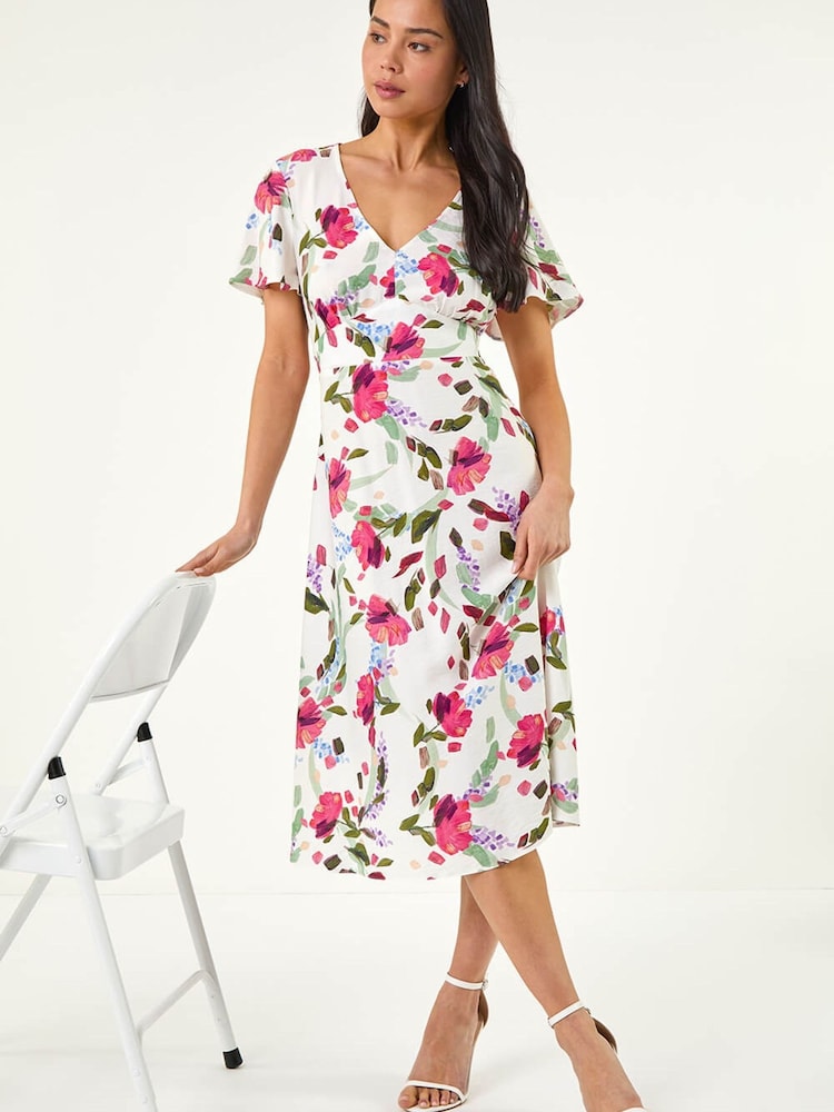 فستان مورّد متوسط الطول بفتحة رقبة حرف V للأحجام الصغيرة من Roman - Image 1 of 5 فستان مورّد متوسط الطول بفتحة رقبة حرف V للأحجام الصغيرة من Roman - Image 1 of 5