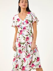 فستان مورّد متوسط الطول بفتحة رقبة حرف V للأحجام الصغيرة من Roman - Image 2 of 5