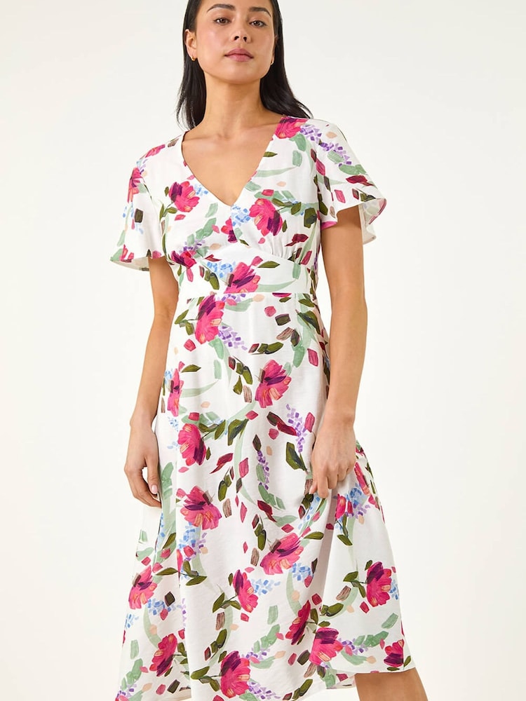 فستان مورّد متوسط الطول بفتحة رقبة حرف V للأحجام الصغيرة من Roman - Image 2 of 5 فستان مورّد متوسط الطول بفتحة رقبة حرف V للأحجام الصغيرة من Roman - Image 2 of 5