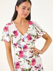 فستان مورّد متوسط الطول بفتحة رقبة حرف V للأحجام الصغيرة من Roman - Image 4 of 5