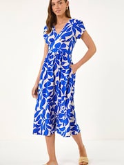 Roman Royal Blue Leaf Print V-Neck Midi Dress - Image 1 of 5