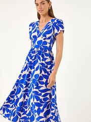 Roman Royal Blue Leaf Print V-Neck Midi Dress - Image 2 of 5