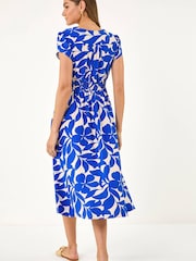 Roman Royal Blue Leaf Print V-Neck Midi Dress - Image 3 of 5