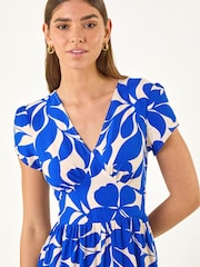 Roman Royal Blue Leaf Print V-Neck Midi Dress - Image 4 of 5