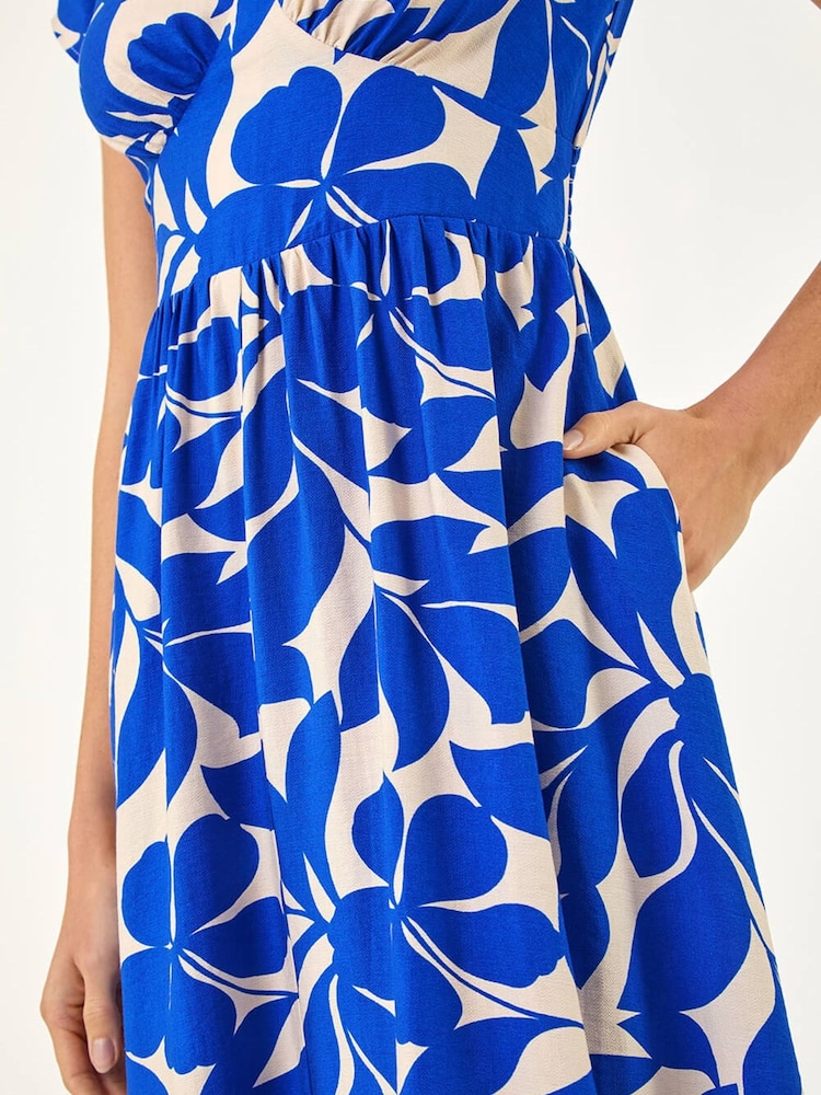 Roman Royal Blue Leaf Print V-Neck Midi Dress - Image 5 of 5