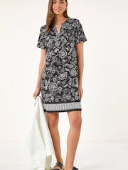 Roman Black Paisley Print Linen Shift Dress - Image 1 of 5