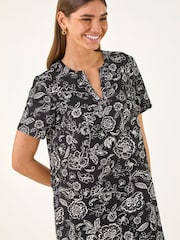 Roman Black Paisley Print Linen Shift Dress - Image 3 of 5