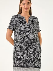 Roman Black Paisley Print Linen Shift Dress - Image 4 of 5