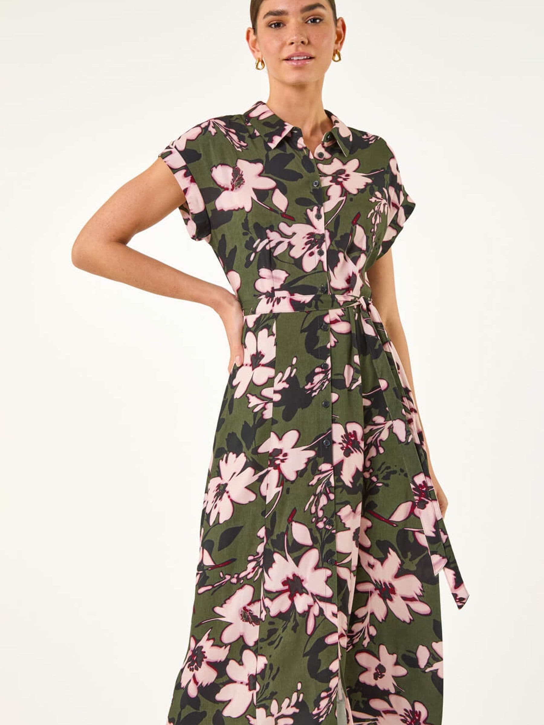 Roman Women's Green Floral Print Belted Midi Dress