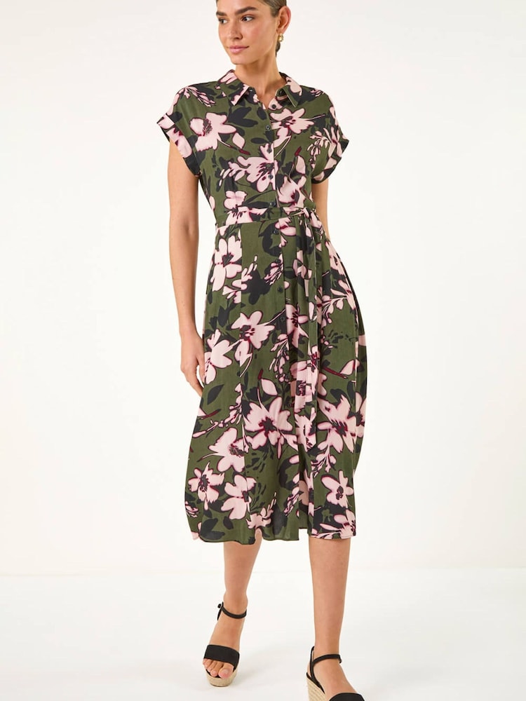 Roman Green Floral Print Belted Midi Dress - Image 2 of 5 Roman Green Floral Print Belted Midi Dress - Image 2 of 5