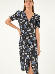 Roman Black Floral Ruched Sleeve Dress - Image 1 of 5