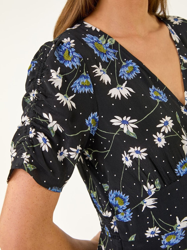 Roman Black Floral Ruched Sleeve Dress - Image 5 of 5