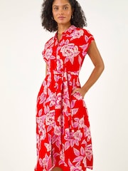 Roman Red Rose Print Belted Midi Dress - Image 2 of 5