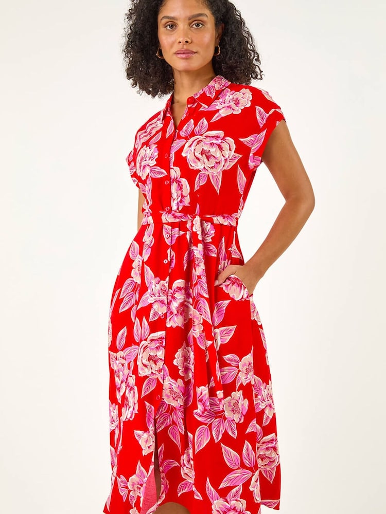 Roman Red Rose Print Belted Midi Dress - Image 2 of 5