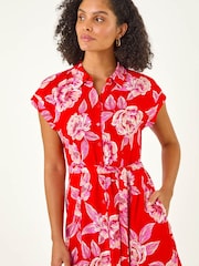 Roman Red Rose Print Belted Midi Dress - Image 4 of 5
