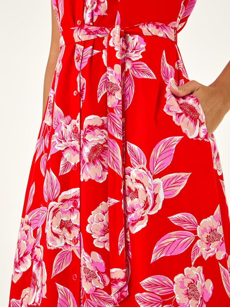 Roman Red Rose Print Belted Midi Dress - Image 5 of 5