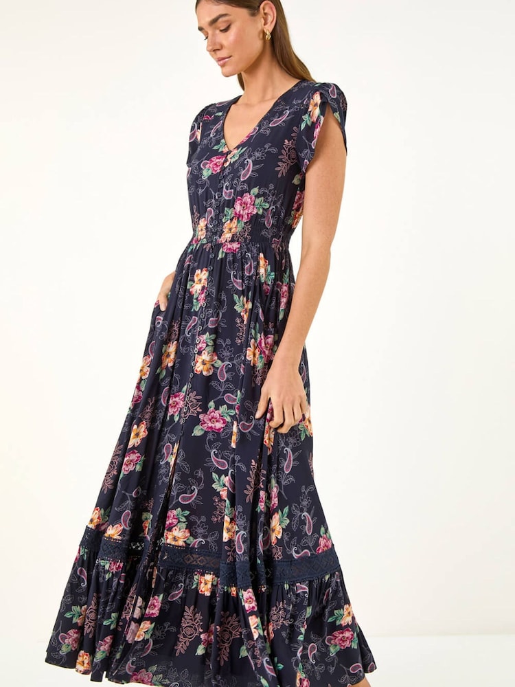 Roman Blue Floral Print Shirred Waist Midi Dress - Image 1 of 5