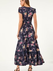Roman Blue Floral Print Shirred Waist Midi Dress - Image 2 of 5