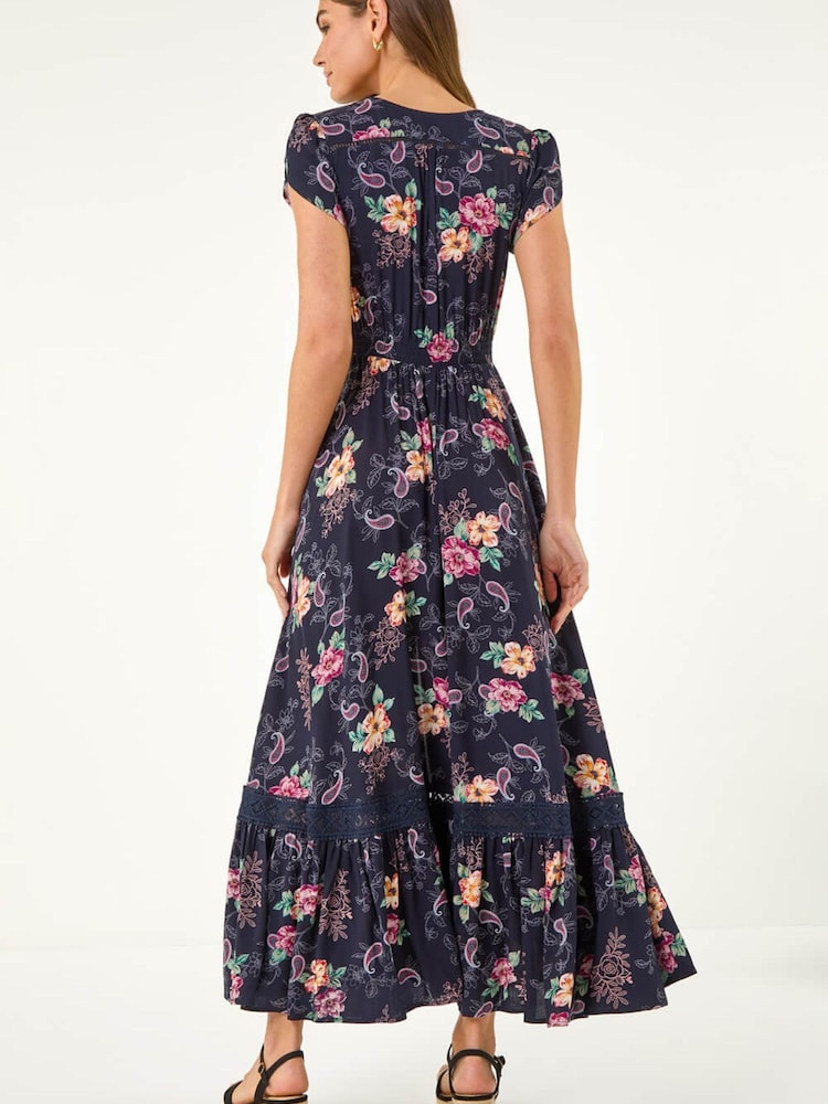 Roman Blue Floral Print Shirred Waist Midi Dress - Image 2 of 5