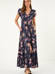 Roman Blue Floral Print Shirred Waist Midi Dress - Image 3 of 5