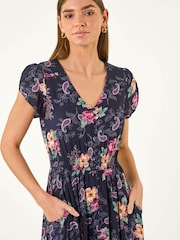 Roman Blue Floral Print Shirred Waist Midi Dress - Image 4 of 5