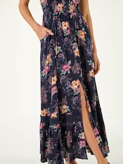 Roman Blue Floral Print Shirred Waist Midi Dress - Image 5 of 5