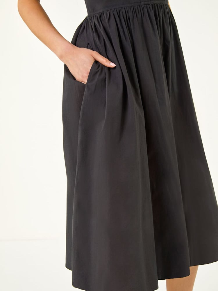 Roman Black Petite Cotton Button Front Midi Dress - Image 6 of 6 Roman Black Petite Cotton Button Front Midi Dress - Image 6 of 6