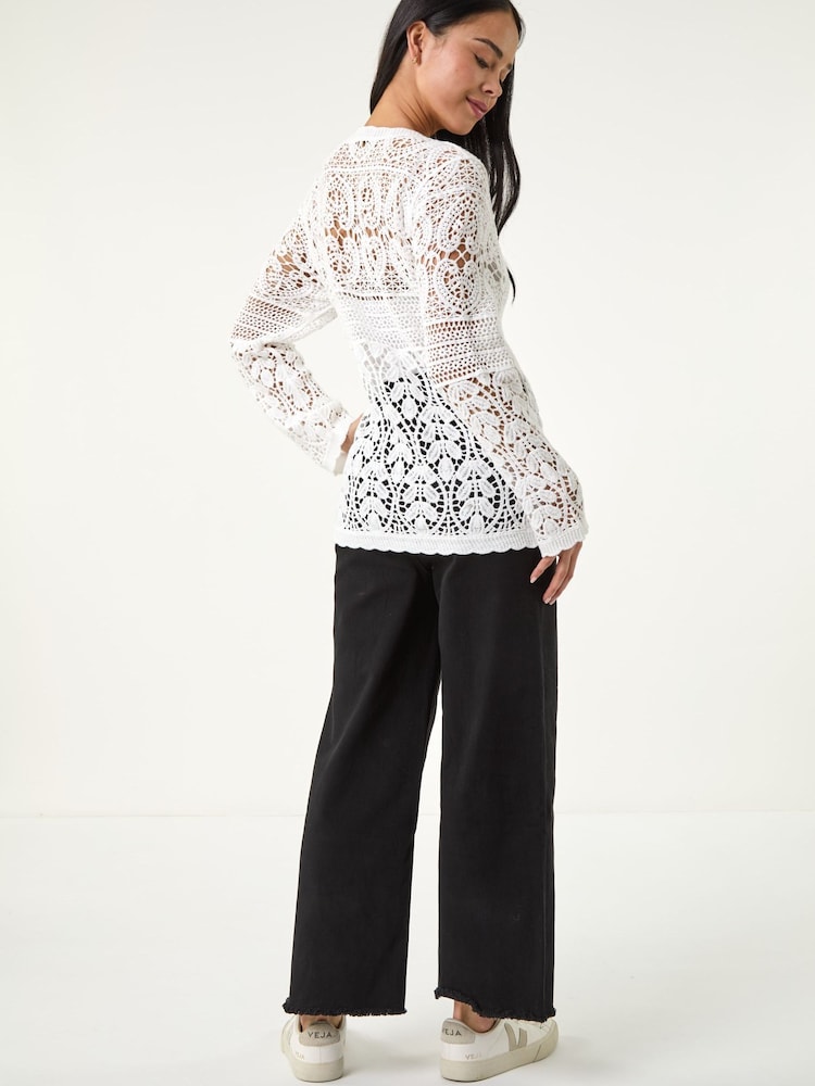 Roman White Cotton Crochet Knit Cardigan - Image 2 of 5