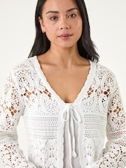 Roman White Cotton Crochet Knit Cardigan - Image 4 of 5