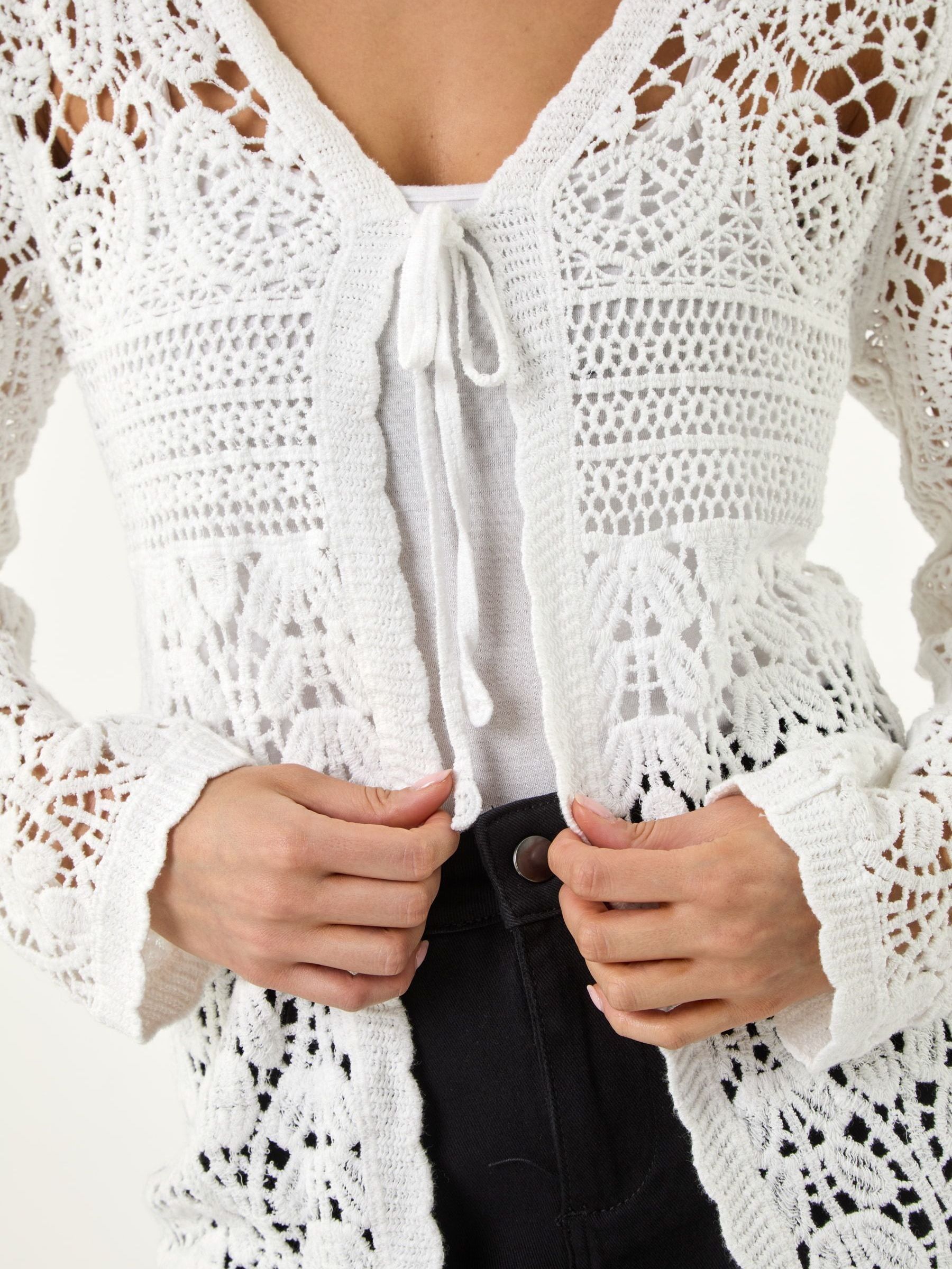 Buy Roman White Cotton Crochet Knit Cardigan from the Next UK