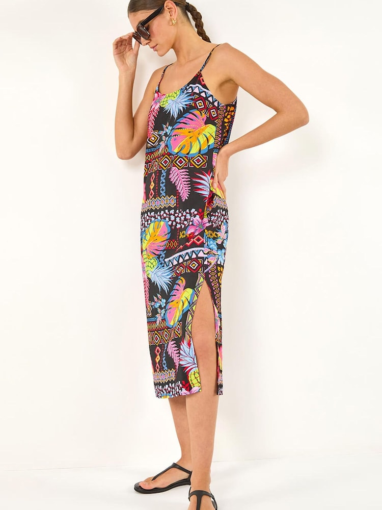 Roman Black Pineapple Print Strappy Midi Dress - Image 1 of 5