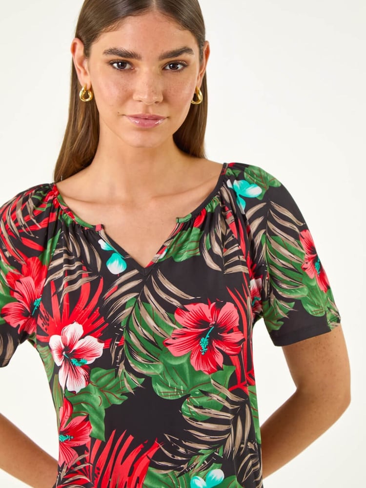Roman Pink Textured Floral Print V-Neck Top - Image 1 of 5
