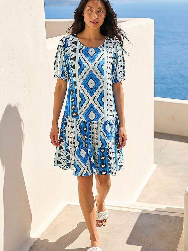 Roman Blue Petite Aztec Smock Dress - Image 1 of 5 Roman Blue Petite Aztec Smock Dress - Image 1 of 5