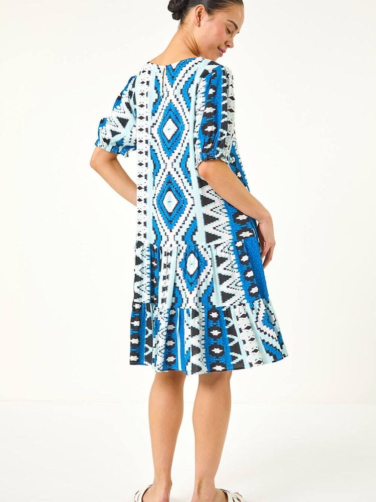 Roman Blue Petite Aztec Smock Dress - Image 2 of 5 Roman Blue Petite Aztec Smock Dress - Image 2 of 5