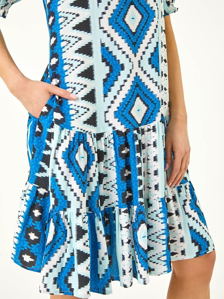 Roman Blue Petite Aztec Smock Dress - Image 5 of 5 Roman Blue Petite Aztec Smock Dress - Image 5 of 5