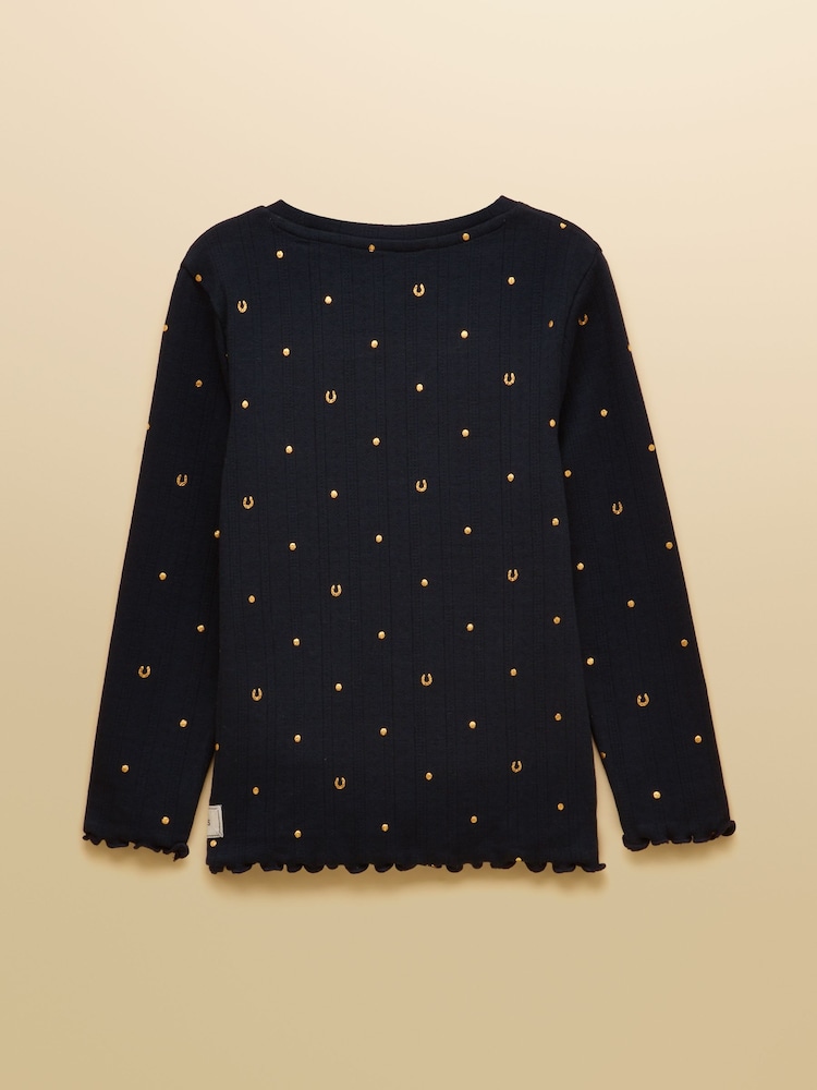 Joules Girls' Odelia Navy Long Sleeve Pointelle Top - Image 2 of 4