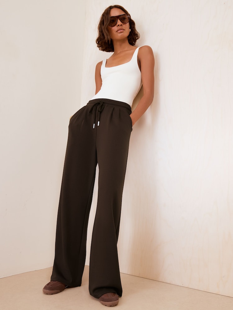 Friends Like These Chocolate Brown Studio Soft Scuba Pleated Wide Leg Joggers - Image 1 of 5 Friends Like These Chocolate Brown Studio Soft Scuba Pleated Wide Leg Joggers - Image 1 of 5