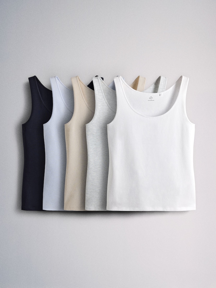 The Set 5 Pack Scoop Neck Wide Strap Vests Stone/Grey Marl/Dark Navy Blue/Light Blue/White - Image 1 of 8