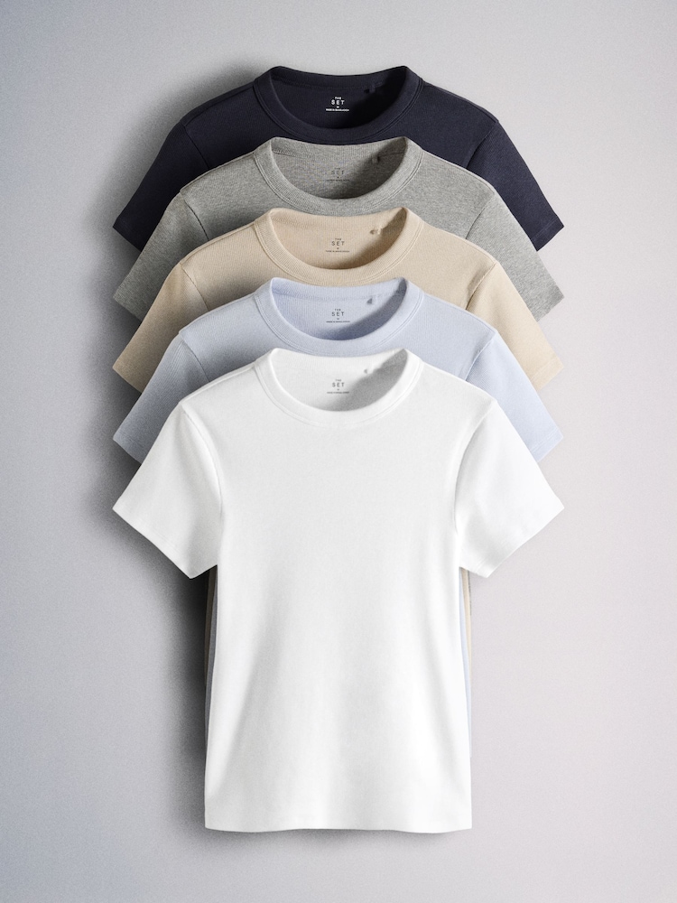 The Set 5 Pack Short Sleeve Ribbed T-Shirts Blue/Navy/Grey/Neutral/White - Image 1 of 8 The Set 5 Pack Short Sleeve Ribbed T-Shirts Blue/Navy/Grey/Neutral/White - Image 1 of 8