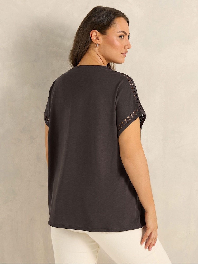 Evans Brown Crochet Trim T-Shirt - Image 2 of 5