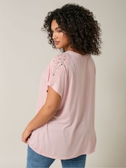 Evans Pink Crochet Shoulder Modal Rich T-Shirt - Image 2 of 4
