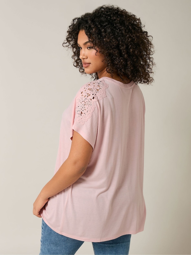 Evans Pink Crochet Shoulder Modal Rich T-Shirt - Image 2 of 4